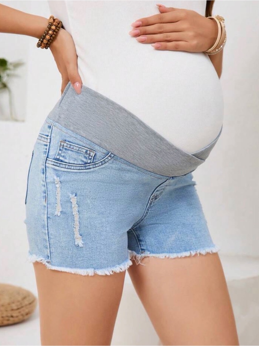 Maternity Light Blue Denim Shorts with Stretch Waistband